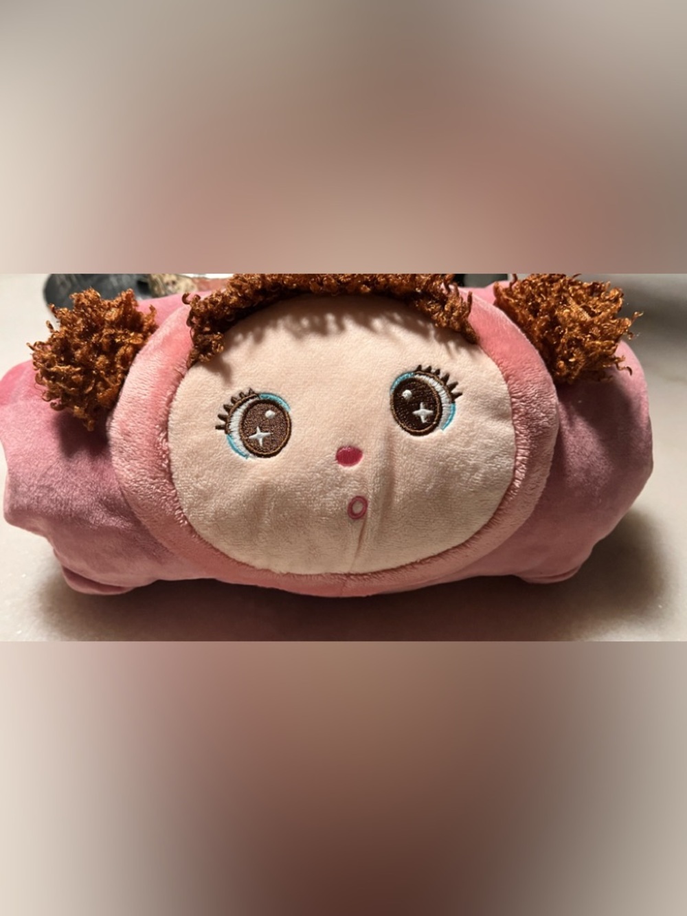 Plush Pink Kids Roll Pillow with Cute Face hand warmers